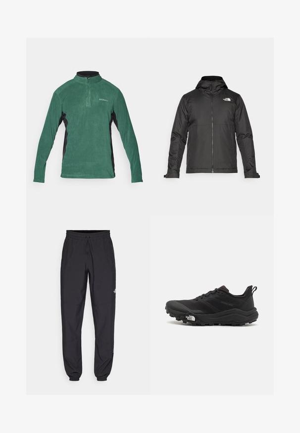 Casaco preto com fecho éclair e capuz, feito de tecido suave. Apresenta um logotipo no peito e punhos ajustáveis para um encaixe perfeito.; Pulegar verde em fleece com um zip de um quarto, painéis laterais pretos e mangas longas. Apresenta uma textura suave e um pequeno logótipo no peito.; Calças atléticas pretas feitas de tecido leve, com um cós ajustável por cordão, bolsos laterais e punhos afunilados nos tornozelos.; Sapatilha de trail running preta com um upper texturizado, sola de borracha e biqueira reforçada. Possui um colarinho acolchoado e uma alça para facilitar o calçar.