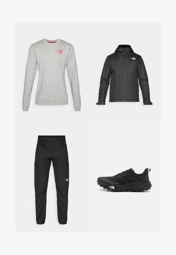 Melna zip-up jakas ar kapuci, izgatavota no gludas auduma. Tajā ir logo uz krūtīm un regulējami aproces, lai nodrošinātu ciešu piegulšanu.; Pelēks kreklu džemperis, kas izgatavots no kokvilnas maisījuma auduma, ar sarkanu apaļu logotipu uz krūtīm un ribotu apdari piedurknēs un apakšmalā.; The North Face HORIZON PANT - Āra bikses - black; Melnas taku skriešanas kurpes ar teksturētu virsu, gumijas zoli un pastiprinātu pirkstu daļu. Aprīkotas ar mīkstu apkakli un vilkšanas cilpu, lai viegli uzvilktu.