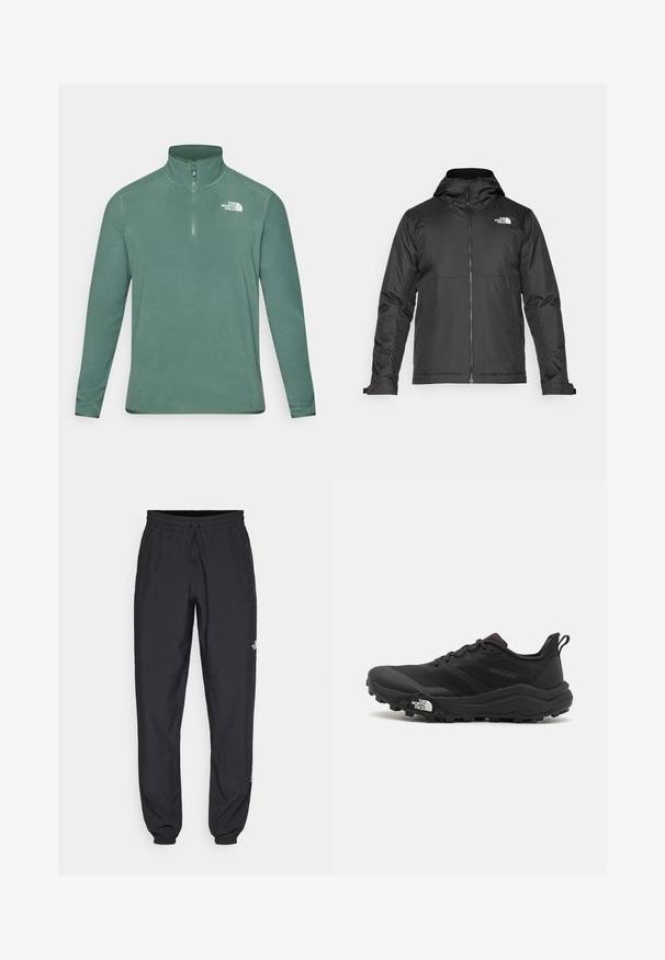 Svart zip-up jakke med hette, laget av glatt materiale. Har et logo på brystet og justerbare mansjetter for en tett passform.; Grønn fleece-genser med høy hals og halv glidelås. Har lange ermer og en hvit logo på øvre venstre bryst. Silkeaktig tekstur.; Sorte idrettsbukser laget av lett stoff, med snor i livet, sidelommer og smale mansjetter ved anklene.; Svart terrengløpesko med teksturert overdel, gummisåle og forsterket tåhette. Har polstret krage og løftestropp for enkel påkledning.