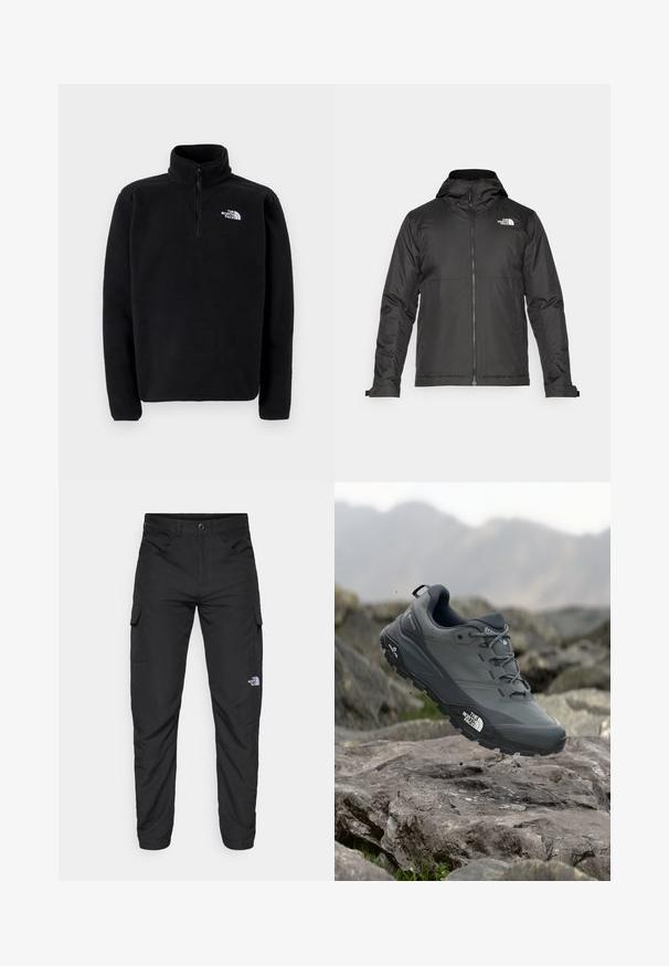 Svart zip-up jacka med huva, tillverkad av mjukt tyg. Funktionen inkluderar en logotyp på bröstet och justerbara ärmslut för en tät passform.; The North Face SHISPARE ZIP - Fleecetröja - black; The North Face HORIZON PANT - Friluftsbyxor - black; Grå trail löparskor med en texturerad ovandel, hållbar gummisula och förstärkt tåparti. Har snören och logotyp på sidan.
