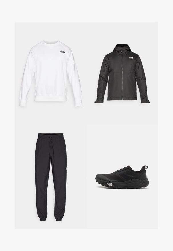 Jachetă neagră cu fermoar și glugă, realizată dintr-un material neted. Prezintă un logo pe piept și manșete ajustabile pentru o potrivire strânsă.; Hanorac alb cu guler rotund, mâneci lungi tip raglan, manșete și tiv din tricot, având un mic logo negru pe partea superioară stângă a pieptului.; Pantaloni atletici negri, confecționați dintr-un material ușor, cu un tiv elastic la talie, buzunare laterale și tivuri ajustate la gleznă.; Pantofii de alergare pe teren accidentat, de culoare neagră, cu un superior texturat, talpă din cauciuc și vârf întărit. Prezintă un guler căptușit și o bandă de prindere pentru îmbrăcare ușoară.