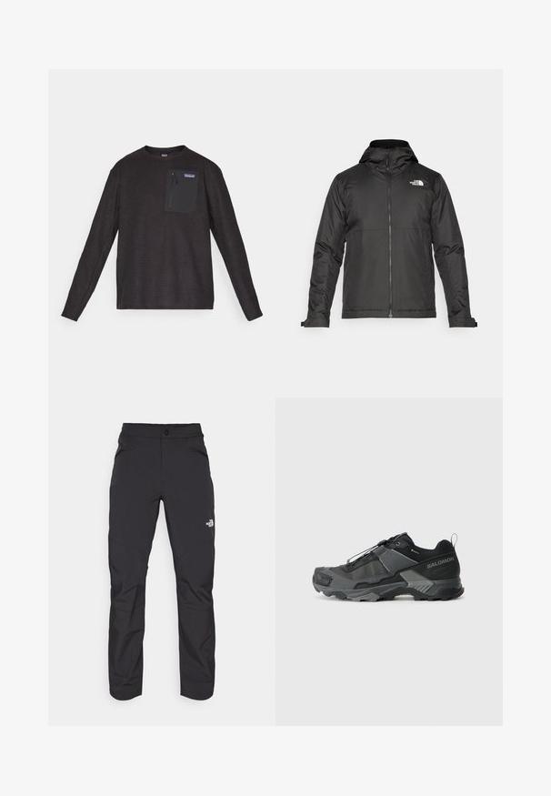 Černá zipová bunda s kapucí, vyrobená z hladké tkaniny. Obsahuje logo na hrudi a nastavitelné manžety pro pohodlné nošení.; Černý fleecový svetr s dlouhým rukávem a kulatým výstřihem, vyrobený z texturované tkaniny a s kapsou na zip na hrudi, která obsahuje logo Patagonia.; Černé venkovní kalhoty s kapsou na zip na přední straně, syntetický materiál, zúžené nohavice a zesílené panely na kolenou. Vybaveny knoflíkovým zapínáním.; Černá trailová běžecká bota s odolným síťovaným svrškem, vyztuženou špičkou, texturovanou gumovou podrážkou a elastickým šněrovacím systémem pro bezpečné uchycení.