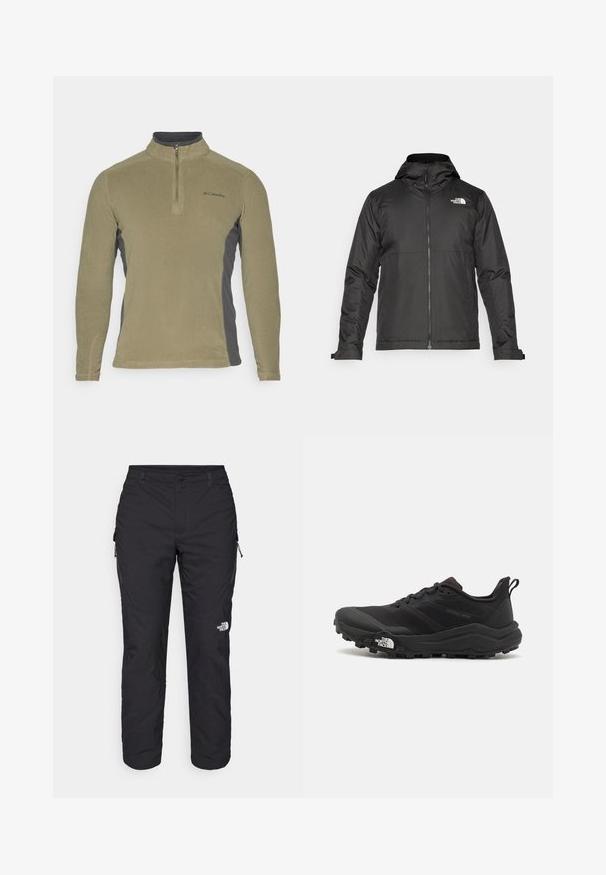 Jachetă neagră cu fermoar și glugă, realizată dintr-un material neted. Prezintă un logo pe piept și manșete ajustabile pentru o potrivire strânsă.; Pulover din fleece de culoare verde măslin, cu panouri laterale gri închis, guler înalt și închidere cu fermoar în față. Prezentă un logo mic pe piept.; The North Face WINTER EXPLORATION TAPERED CARGO - Pantaloni outdoor - black; Pantofii de alergare pe teren accidentat, de culoare neagră, cu un superior texturat, talpă din cauciuc și vârf întărit. Prezintă un guler căptușit și o bandă de prindere pentru îmbrăcare ușoară.