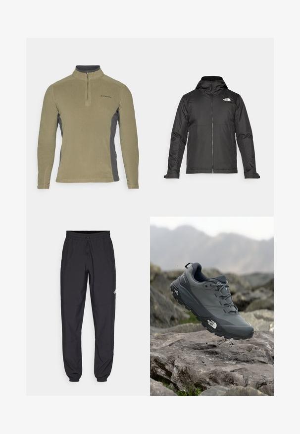 Schwarze Zip-Jacke mit Kapuze, aus glattem Stoff. Verfügt über ein Logo auf der Brust und verstellbare Bündchen für einen engen Sitz.; Fleece-Pullover in Olivgrün mit dunkelgrauen Seitenpaneelen, Stehkragen und Frontreißverschluss. Verfügt über ein kleines Logo auf der Brust.; Schwarze Sporthosen aus leichtem Stoff, mit einem Kordelzugbund, seitlichen Taschen und schmal zulaufenden Bündchen an den Knöcheln.; Grau Trailrunning-Schuh mit einer strukturierten Oberseite, haltbarer Gummisohle und verstärkter Zehenkappe. Verfügt über Schnürsenkel und ein Markenlogo an der Seite.