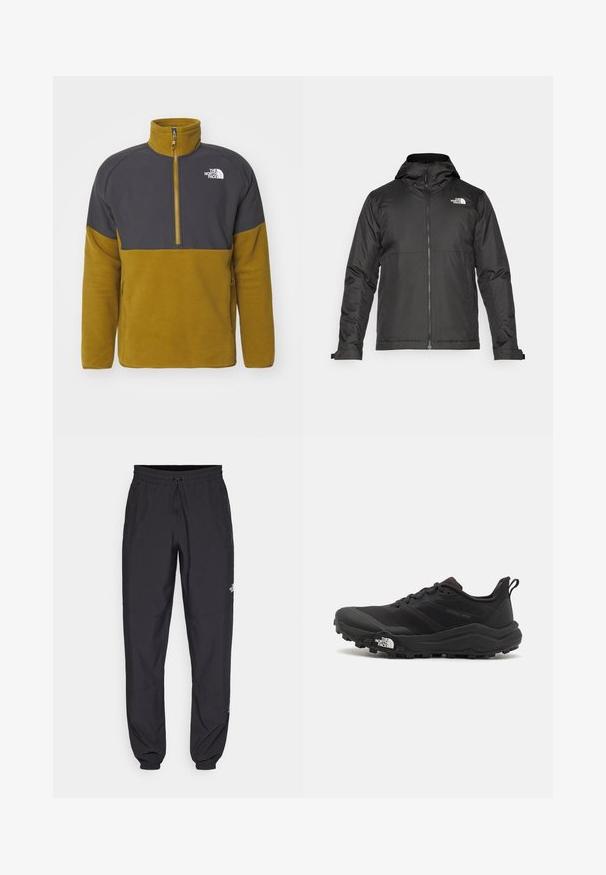 Črna zip-up jakna s kapuco, izdelana iz gladkega materiala. Ima logo na prsih in nastavljive manšete za udobno prileganje.; The North Face GLACIER HEAVYWEIGHT 1/2 ZIP - Pulover iz flisa - moss green/asphalt grey; Črne atletske hlače iz lahkega materiala, ki imajo elastični pas z vezalko, stranske žepe in zožene manšete na gležnjih.; Črne tekaške čevlje za trail s teksturirano zgornjega dela, gumijastim podplatom in ojačanim zaključkom prstov. Vključuje oblazinjen ovratnik in zanko za enostavno obuvanje.