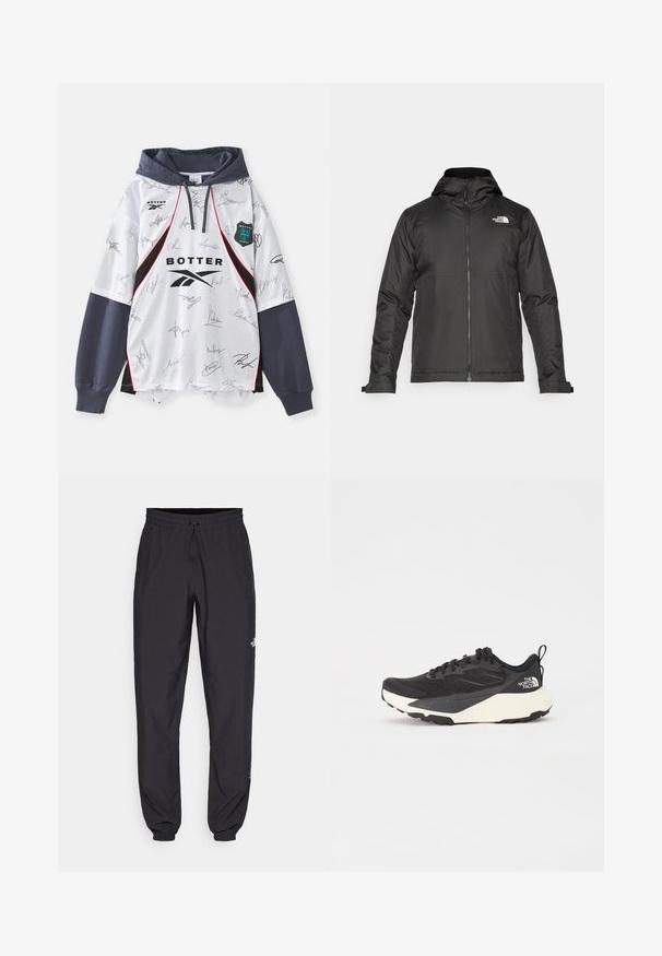 Melna zip-up jakas ar kapuci, izgatavota no gludas auduma. Tajā ir logo uz krūtīm un regulējami aproces, lai nodrošinātu ciešu piegulšanu.; Balta kapuce ar dažādu parakstu maisījumu, melniem un sarkaniem akcentiem, un tumši pelēku kapuci. Izgatavota no viegla auduma, ar sportisku dizainu.; Melni sporta bikses, kas izgatavotas no viegla auduma, ar savelcamu jostu, sānu kabatām un sašaurinātiem apakšējiem galiem pie potītēm.; Melna sporta kurpe ar teksturētu acs augšdaļu, cietiem melniem akcentiem un balto vieglo zoli. Iekļauj šņorēšanas aizdari un vilkšanas cilpu.