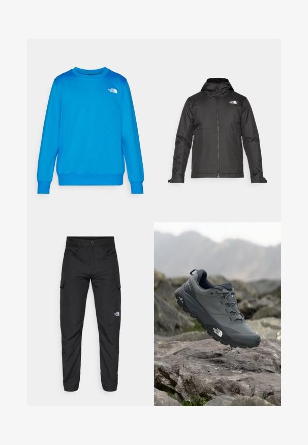 Črna zip-up jakna s kapuco, izdelana iz gladkega materiala. Ima logo na prsih in nastavljive manšete za udobno prileganje.; Svetlo modra majica s dolgimi rokavi in krojnim izrezom. Ima majhen bel logotip na levem prsnem delu. Mehka tkanina z gladko teksturo.; The North Face HORIZON PANT - Hlače za na prostem - black; Sive teka za trail tek, z teksturirano zgornjimi deli, trpežnim gumijastim podplatom in ojačanim kapico za prste. Ima vezi in logotip blagovne znamke na strani.