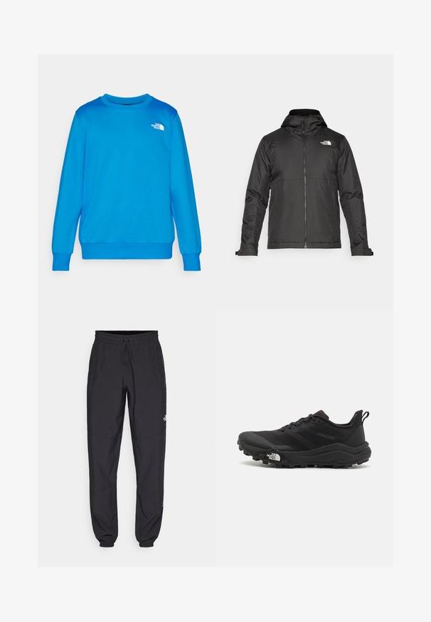 Svart zip-up jacka med huva, tillverkad av mjukt tyg. Funktionen inkluderar en logotyp på bröstet och justerbara ärmslut för en tät passform.; Ljusblå sweatshirt med rund halsringning och långa ärmar. Har en liten vit logotyp på vänster bröst. Mjuk tyg med en slät textur.; Svarta träningsbyxor tillverkade av lättviktsmaterial, med dragsko i midjan, sidofickor och avsmalnande muddar vid anklarna.; Svart terränglöparsko med en strukturerad ovandel, gummisula och förstärkt tåhätta. Har en vadderad krage och en dragflik för enkel påtagning.