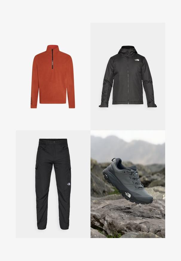 Casaco preto com fecho éclair e capuz, feito de tecido suave. Apresenta um logotipo no peito e punhos ajustáveis para um encaixe perfeito.; Pullover de fleece laranja com fecho de meio zíper na frente. Apresenta uma gola alta e detalhe do logótipo na manga. Tecido suave e texturizado. Mangas longas.; The North Face HORIZON PANT - Calças para exterior - black; Sapatilha de corrida em trilhos cinza com um cabedal texturizado, sola de borracha durável e ponteira reforçada. Apresenta atacadores e o logótipo da marca de lado.
