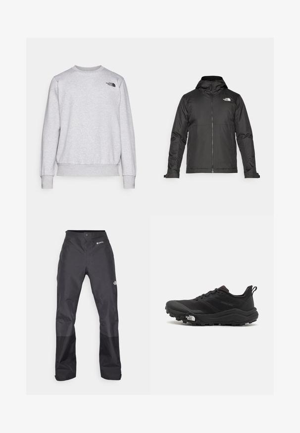 Giacca nera con zip e cappuccio, realizzata in tessuto liscio. Presenta un logo sul petto e polsini regolabili per una vestibilità aderente.; Felpa grigia in morbido tessuto, con maniche lunghe, collo rotondo, polsini a costine e un piccolo logo nero sul petto.; Pantaloni impermeabili neri con una texture liscia, dotati di un logo GORE-TEX sulla parte anteriore e rinforzi sulle gambe inferiori per una maggiore durata.; Scarpa da trail running nera con tomaia texture, suola in gomma e punta rinforzata. Presenta un collare imbottito e un tassello per un indossamento facile.