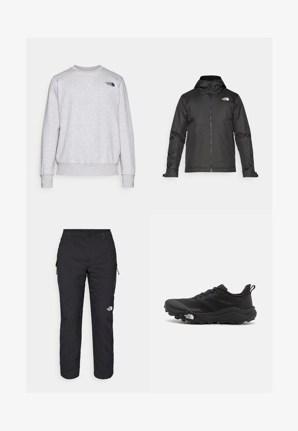 Schwarze Zip-Jacke mit Kapuze, aus glattem Stoff. Verfügt über ein Logo auf der Brust und verstellbare Bündchen für einen engen Sitz.; Grau Sweatshirt aus weichem Stoff, mit langen Ärmeln, Rundhals, gerippten Bündchen und einem kleinen schwarzen Logo auf der Brust.; The North Face WINTER EXPLORATION TAPERED CARGO  - Outdoor-Hose - black; Schwarzer Trailrunning-Schuh mit strukturiertem Obermaterial, Gummisohle und verstärkter Zehenkappe. Verfügt über einen gepolsterten Kragen und eine Ziehlasche für einfaches Anziehen.