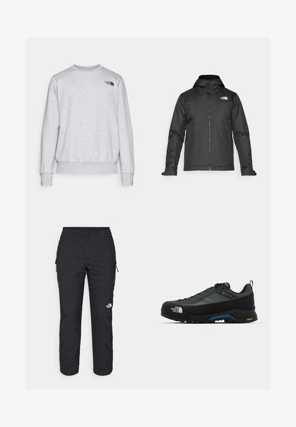 Črna zip-up jakna s kapuco, izdelana iz gladkega materiala. Ima logo na prsih in nastavljive manšete za udobno prileganje.; Siva trenirka iz mehkega materiala, z dolgimi rokavi, okroglo ovratnikom, rebrastimi manšetami in majhnim črnim logotipom na prsih.; The North Face WINTER EXPLORATION TAPERED CARGO - Hlače za na prostem - black; The North Face VERTO ALPINE GORE TEX - Pohodniški čevlji - asphalt grey/tnf black