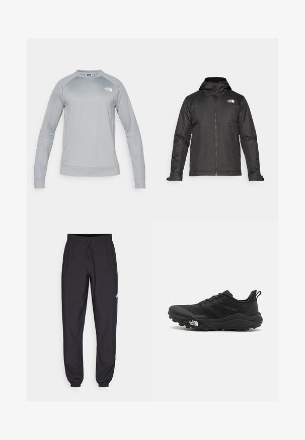 Musthave musta kapuutsiga fliisjakk, mis on valmistatud siledast kangast. Uhkeldab rindkere kohal oleva logoga ning reguleeritavate mansettidega, et tagada mugav ja tihe istuvus.; Hele hallikas dress, millel on pikad varrukad ja ümar kaelus. Särgi alumises ääres ja varrukaotstes on soonikkoed. Rinna peal on kujutatud North Face'i logo.; Mustavad sportlikud püksid, mis on valmistatud kergest kangast, joonlauaga taljest, küljetaskudega ja kitsenevate varrukatega pahkluude juures.; Must tume jooksujalats musta värvi, tekstuurse ülemise osaga, kummist tallaga ja tugevdatud varbaga. Omab pehmendusega krae ja tõmblinti mugavaks selga panemiseks.