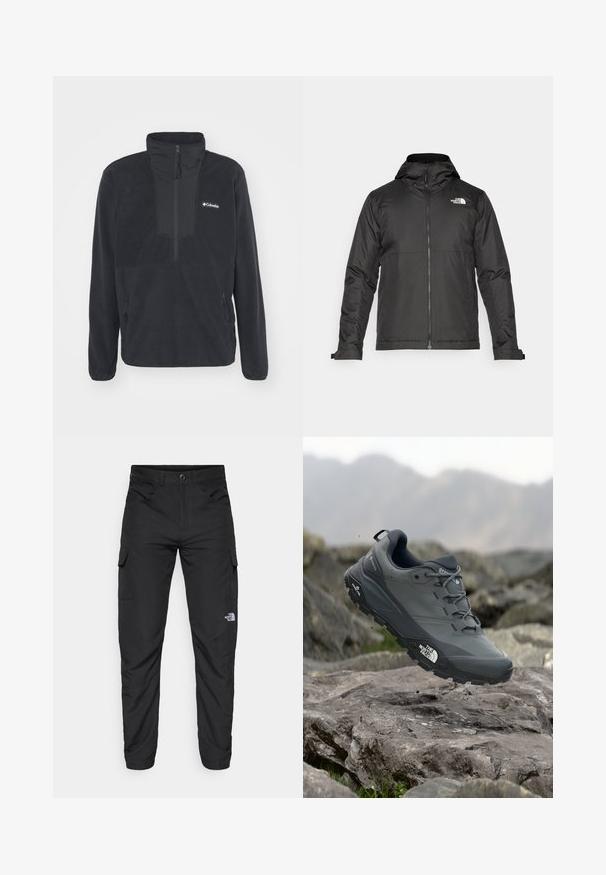 Melna zip-up jakas ar kapuci, izgatavota no gludas auduma. Tajā ir logo uz krūtīm un regulējami aproces, lai nodrošinātu ciešu piegulšanu.; Melna vilnas džemperis ar puses rāvējslēdzēja apkakli, divām sānu kabatām ar rāvējslēdzēju un logo uz krūtīm. Tam ir gluda tekstūra un pieguļoši piedurknes.; The North Face HORIZON PANT - Āra bikses - black; Pelēki skrējēju apavi ar teksturētu virsu, izturīgu gumijas zoli un pastiprinātu pirkstu daļu. Iekļauj šņores un zīmola logo sānos.