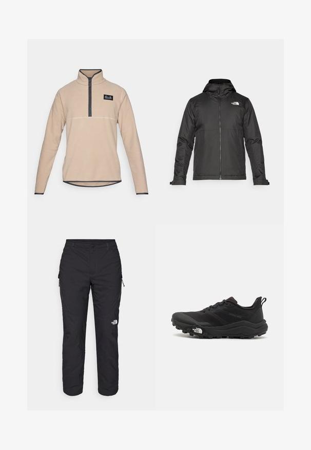 Musthave musta kapuutsiga fliisjakk, mis on valmistatud siledast kangast. Uhkeldab rindkere kohal oleva logoga ning reguleeritavate mansettidega, et tagada mugav ja tihe istuvus.; Beez fleecest pullover poolenipoolse, millel on pool-zip kaelus, kontrastne tume äär ja väike logo silt vasakul rinnal. Pikkade varrukatega, ümar äär.; The North Face WINTER EXPLORATION TAPERED CARGO - Õuepüksid - black; Must tume jooksujalats musta värvi, tekstuurse ülemise osaga, kummist tallaga ja tugevdatud varbaga. Omab pehmendusega krae ja tõmblinti mugavaks selga panemiseks.