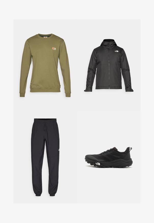 Jachetă neagră cu fermoar și glugă, realizată dintr-un material neted. Prezintă un logo pe piept și manșete ajustabile pentru o potrivire strânsă.; Sudor de culoare verde măsliniu, cu mânecă lungă, realizat din bumbac moale, având o mică etichetă cu logo pe piept și manșete și tiv cu nervuri.; Pantaloni atletici negri, confecționați dintr-un material ușor, cu un tiv elastic la talie, buzunare laterale și tivuri ajustate la gleznă.; Pantofii de alergare pe teren accidentat, de culoare neagră, cu un superior texturat, talpă din cauciuc și vârf întărit. Prezintă un guler căptușit și o bandă de prindere pentru îmbrăcare ușoară.
