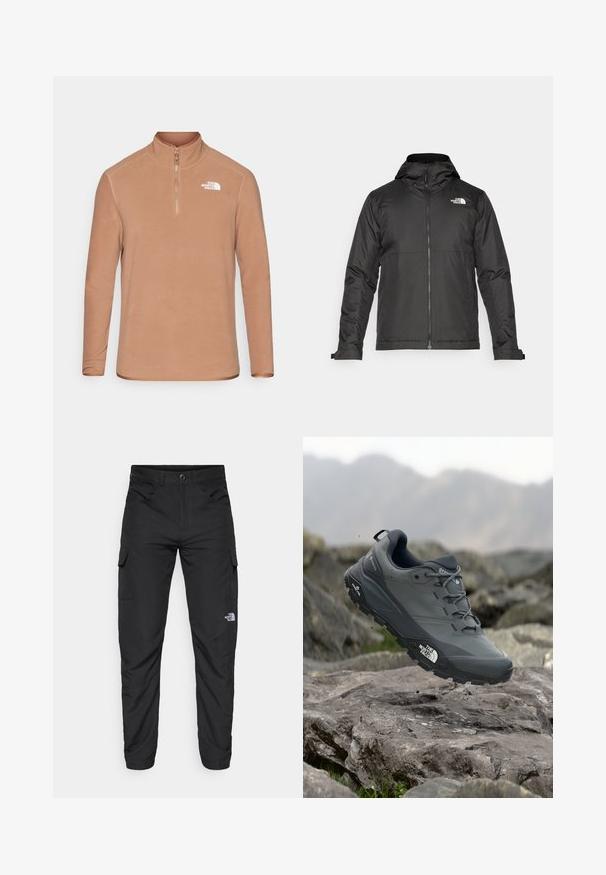 Musthave musta kapuutsiga fliisjakk, mis on valmistatud siledast kangast. Uhkeldab rindkere kohal oleva logoga ning reguleeritavate mansettidega, et tagada mugav ja tihe istuvus.; Pruun fliisist pullover kõrge krae, pooltõmbluku ja pikkade varrukatega. Omab valget logo vasakul rinnal ja sileda tekstuuriga.; The North Face HORIZON PANT - Õuepüksid - black; Hallhalli jooksukingad halli värvi, tekstureeritud ülemise osaga, vastupidava kummist tallaga ja tugevdatud varvaste kattega. Omab paelu ja kaubamärgi logo küljel.
