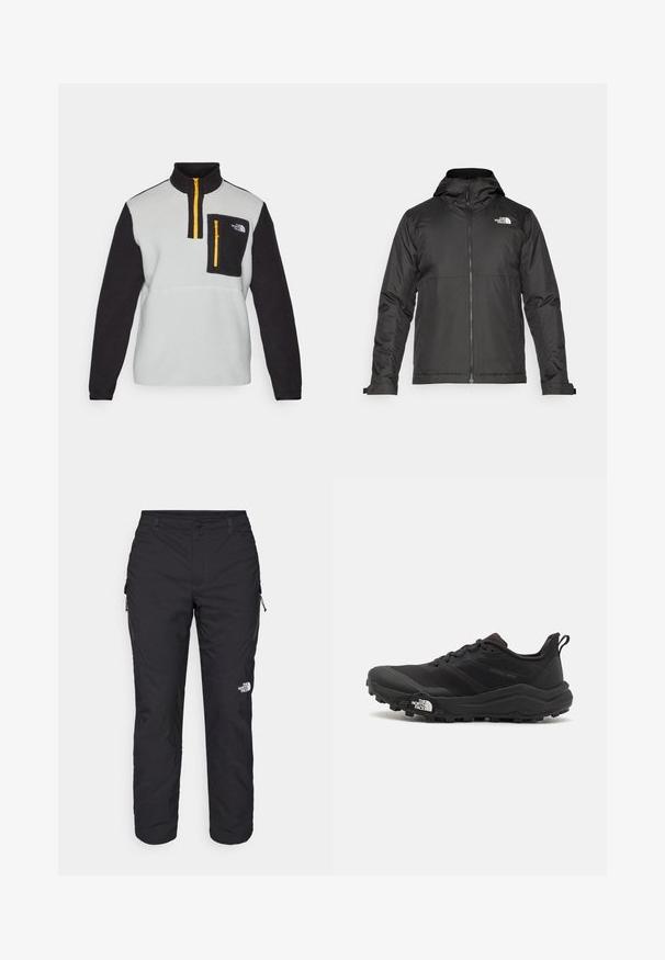 Fekete zipzáras dzseki, kapucnival, sima anyagból készült. A mellkasán logóval és állítható mandzsettákkal rendelkezik a kényelmes illeszkedés érdekében.; Szürke és fekete színű polár pulóver magas gallérral, félig zipzárral elöl, cipzáras mellzsebbel és kontrasztos sárga cipzár részlettel.; The North Face WINTER EXPLORATION TAPERED CARGO - Szabadtéri nadrágok - black; Fekete terepfutó cipő, textúrált felső résszel, gumitalppal és megerősített lábujjrészével. Párnázott bokarésszel és húzófüllel rendelkezik a könnyű felhúzáshoz.