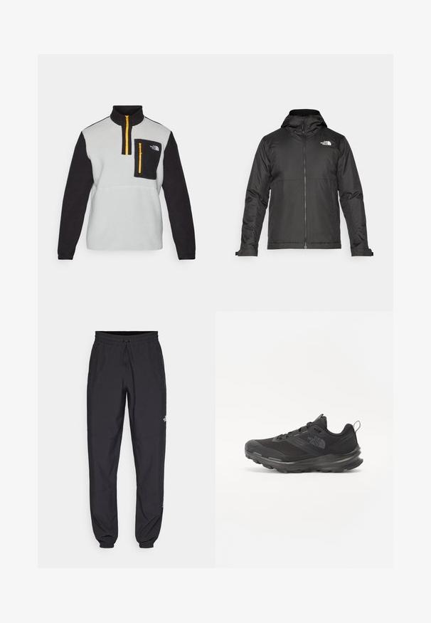 Casaco preto com fecho éclair e capuz, feito de tecido suave. Apresenta um logotipo no peito e punhos ajustáveis para um encaixe perfeito.; Pulôver em fleece nas cores cinza e preto, com colarinho alto, fecho de correr frontal de meia abertura, bolso no peito com fecho de correr e detalhes em amarelo contrastante no fecho.; Calças atléticas pretas feitas de tecido leve, com um cós ajustável por cordão, bolsos laterais e punhos afunilados nos tornozelos.; Sapatilha atlética preta com parte superior em malha, sola de borracha e colarinho almofadado. Apresenta atacadores, logótipo de lado e um design texturizado.