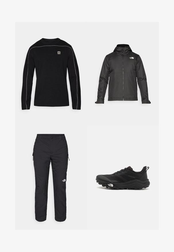 Svart zip-up jakke med hette, laget av glatt materiale. Har et logo på brystet og justerbare mansjetter for en tett passform.; Svart langermet skjorte laget av teksturert materiale, med kontrasterende hvit søm og en liten hvit logo på brystet.; The North Face WINTER EXPLORATION TAPERED CARGO - Friluftsbukser - black; Svart terrengløpesko med teksturert overdel, gummisåle og forsterket tåhette. Har polstret krage og løftestropp for enkel påkledning.