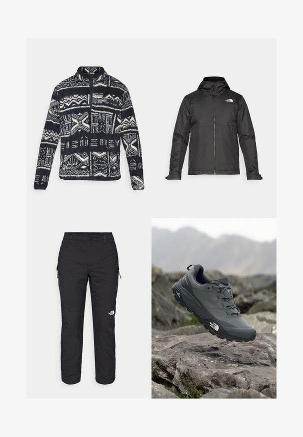 Svart zip-up jacka med huva, tillverkad av mjukt tyg. Funktionen inkluderar en logotyp på bröstet och justerbara ärmslut för en tät passform.; Mäns svart och vit fleece-pullover med geometriska mönster, kvartdragkedja fram, dragkedjeförsedd bröstficka och Columbia-logotyp på bröstet.; The North Face WINTER EXPLORATION TAPERED CARGO - Friluftsbyxor - black; Grå trail löparskor med en texturerad ovandel, hållbar gummisula och förstärkt tåparti. Har snören och logotyp på sidan.