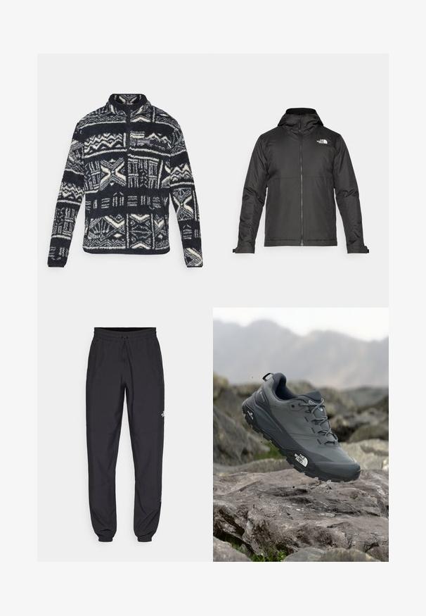 Juoda zip-up striukė su kapišonu, pagaminta iš lygios medžiagos. Yra logotipas ant krūtinės ir reguliuojamos rankogaliai, užtikrinantys tvirtą prigludimą.; Vyriškas juodos ir baltos spalvų flisinis megztinis su geometriniais raštais, ketvirčio užtrauktuku priekyje, užtrauktuku užsegama krūtinės kišenė ir Columbia logotipas ant krūtinės.; Juodos sportinės kelnės, pagamintos iš lengvos medžiagos, su raišteliu liemens srityje, šoniniais kišenėmis ir siaurėjantys apykaklės prie kulkšnies.; Pilkas bėgimo batelis su tekstūruota viršutine dalimi, tvirtu guminio pado ir sustiprinta nosimi. Turi raištelius ir prekės ženklo logotipą šone.