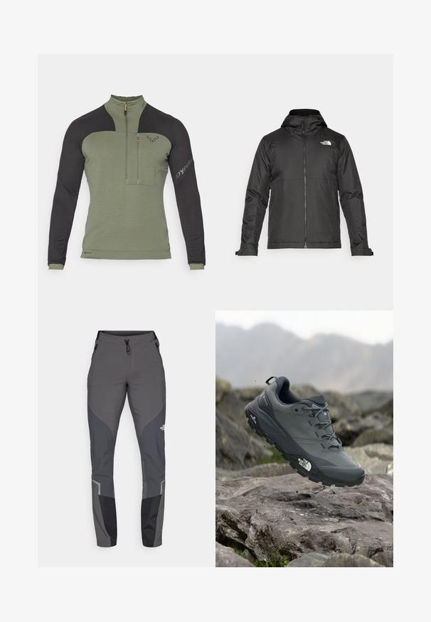 Sort lynlåsjakke med hætte, lavet af glat stof. Har et logo på brystet og justerbare manchetter for en tætsiddende pasform.; Dynafit SPEED PTC 1/2 ZIP M - Fleecetrøjer - black out/thyme; Grå vandrebukser med en tapered design, flere lommer og kontrastfarver i mørkegrå og sort. Lavet af et fleksibelt og holdbart materiale.; Grå trail løbesko med en tekstureret overdel, slidstærk gummisål og forstærket tåkap. Har snørebånd og mærkelogo på siden.