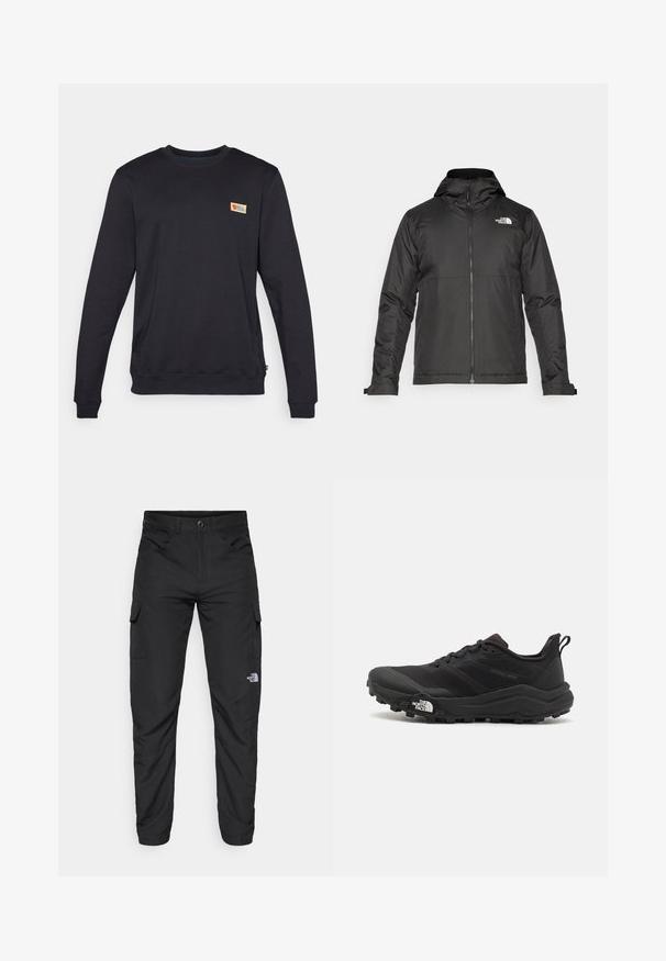 Casaco preto com fecho éclair e capuz, feito de tecido suave. Apresenta um logotipo no peito e punhos ajustáveis para um encaixe perfeito.; Sweatshirt preto de gola redonda com mangas longas, feito de material macio. Apresenta um pequeno logótipo colorido no canto superior esquerdo do peito.; The North Face HORIZON PANT - Calças para exterior - black; Sapatilha de trail running preta com um upper texturizado, sola de borracha e biqueira reforçada. Possui um colarinho acolchoado e uma alça para facilitar o calçar.