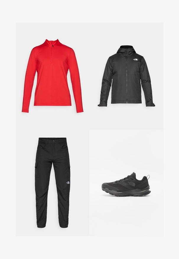 Zwarte zip-up jas met een capuchon, gemaakt van gladde stof. Heeft een logo op de borst en verstelbare manchetten voor een comfortabele pasvorm.; Rode sporttop met lange mouwen en een kwart ritssluiting, gemaakt van lichtgewicht materiaal, met een hoge kraag en platte naden voor comfort.; The North Face HORIZON PANT - Outdoorbroeken - black; Zwarte sportieve sneaker met een bovenkant van mesh, rubberen zool en een zachte kraag. Voorzien van veters, een logo op de zijkant en een gestructureerd ontwerp.