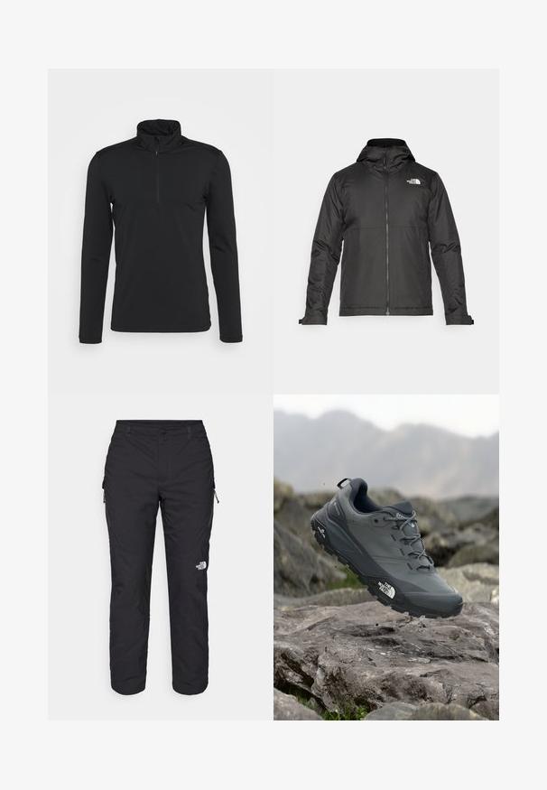 Black zip-up jacket with a hood, made of smooth fabric. Features a logo on the chest and adjustable cuffs for a snug fit.; Black long-sleeve pullover with a high collar and zippered neckline. Smooth texture, no visible patterns, and minimalistic design.; The North Face WINTER EXPLORATION TAPERED CARGO - Outdoor trousers - black; Grey trail running shoe with a textured upper, durable rubber sole, and reinforced toe cap. Features laces and brand logo on the side.
