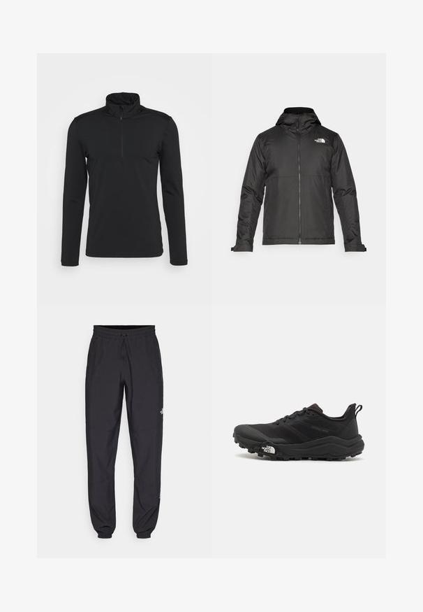 Jachetă neagră cu fermoar și glugă, realizată dintr-un material neted. Prezintă un logo pe piept și manșete ajustabile pentru o potrivire strânsă.; Pulover negru cu mânecă lungă, guler înalt și decolteu cu fermoar. Textură fină, fără modele vizibile și design minimalist.; Pantaloni atletici negri, confecționați dintr-un material ușor, cu un tiv elastic la talie, buzunare laterale și tivuri ajustate la gleznă.; Pantofii de alergare pe teren accidentat, de culoare neagră, cu un superior texturat, talpă din cauciuc și vârf întărit. Prezintă un guler căptușit și o bandă de prindere pentru îmbrăcare ușoară.