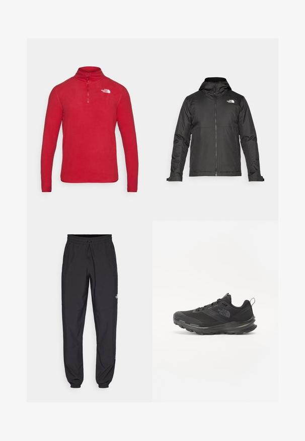 Schwarze Zip-Jacke mit Kapuze, aus glattem Stoff. Verfügt über ein Logo auf der Brust und verstellbare Bündchen für einen engen Sitz.; The North Face GLACIER 1/4 ZIP - Fleecepullover - garnet red; Schwarze Sporthosen aus leichtem Stoff, mit einem Kordelzugbund, seitlichen Taschen und schmal zulaufenden Bündchen an den Knöcheln.; Schwarzer Sportschuh mit Mesh-Obermaterial, Gummisohle und gepolstertem Schaft. Verfügt über Schnürsenkel, Logo an der Seite und ein strukturiertes Design.