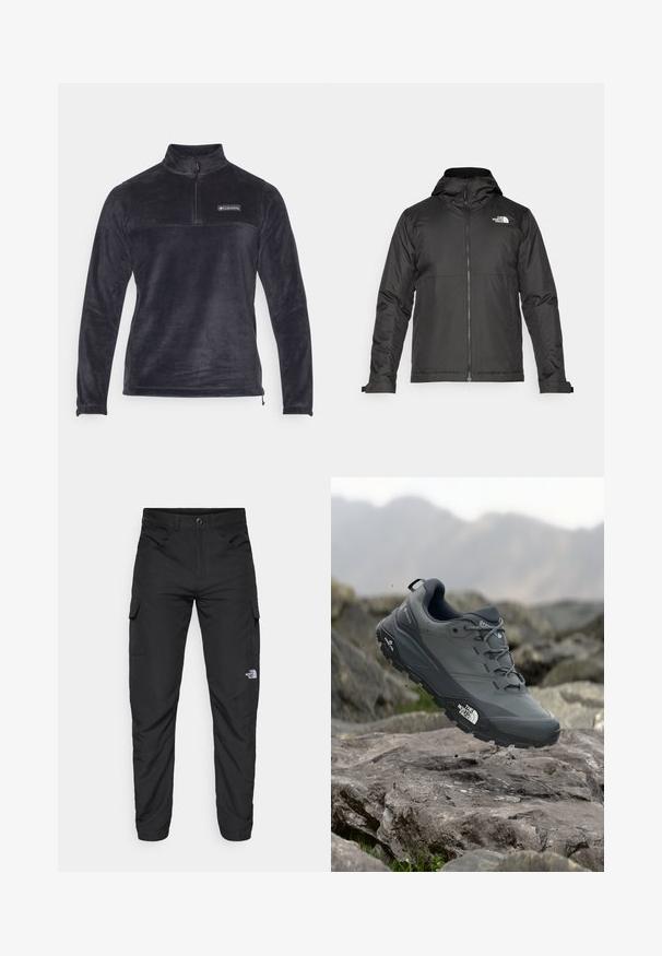 Svart zip-up jacka med huva, tillverkad av mjukt tyg. Funktionen inkluderar en logotyp på bröstet och justerbara ärmslut för en tät passform.; Svart fleece-pullover med halvdragkedja, långa ärmar och en logotyp på bröstet. Mjuk textur och sömlös design.; The North Face HORIZON PANT - Friluftsbyxor - black; Grå trail löparskor med en texturerad ovandel, hållbar gummisula och förstärkt tåparti. Har snören och logotyp på sidan.