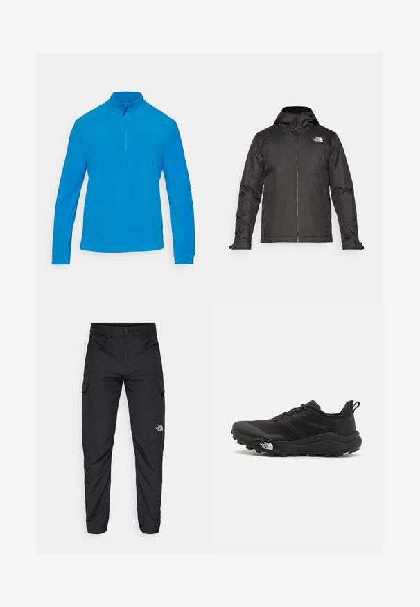Black zip-up jacket with a hood, made of smooth fabric. Features a logo on the chest and adjustable cuffs for a snug fit.; CMP MAN - Fleece jumper - zaffiro; The North Face HORIZON PANT - Outdoor trousers - black; Black trail running shoe with a textured upper, rubber sole, and reinforced toe cap. Features a padded collar and pull tab for easy wear.