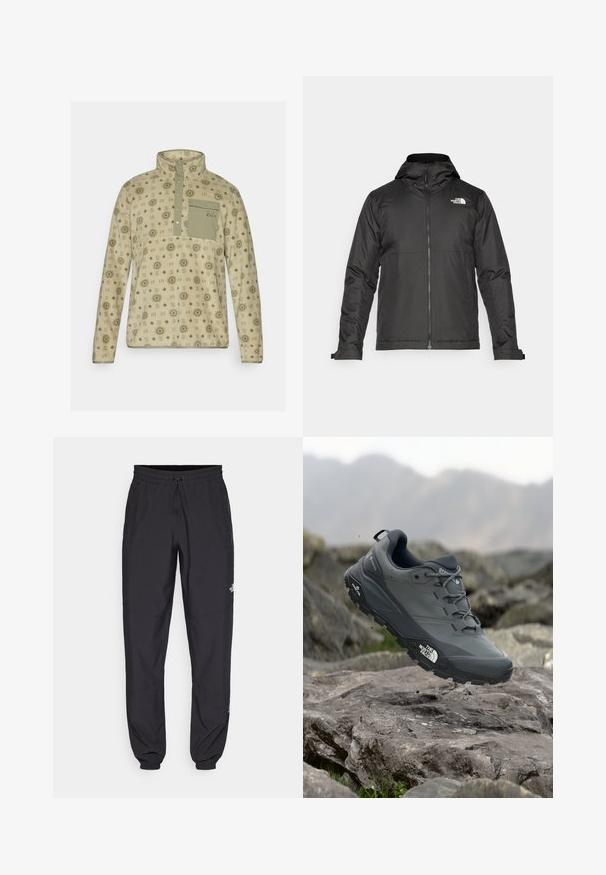 Giacca nera con zip e cappuccio, realizzata in tessuto liscio. Presenta un logo sul petto e polsini regolabili per una vestibilità aderente.; Pullover in pile di colore beige chiaro con motivi geometrici verdi, colletto con zip a metà e taschino sul petto. Tessuto morbido con vestibilità rilassata.; Pantaloni sportivi neri realizzati in tessuto leggero, con vita regolabile con cordino, tasche laterali e orli affusolati alle caviglie.; Scarpa da trail running grigia con tomaia testurizzata, suola in gomma resistente e punta rinforzata. Presenta lacci e logo del marchio sul lato.