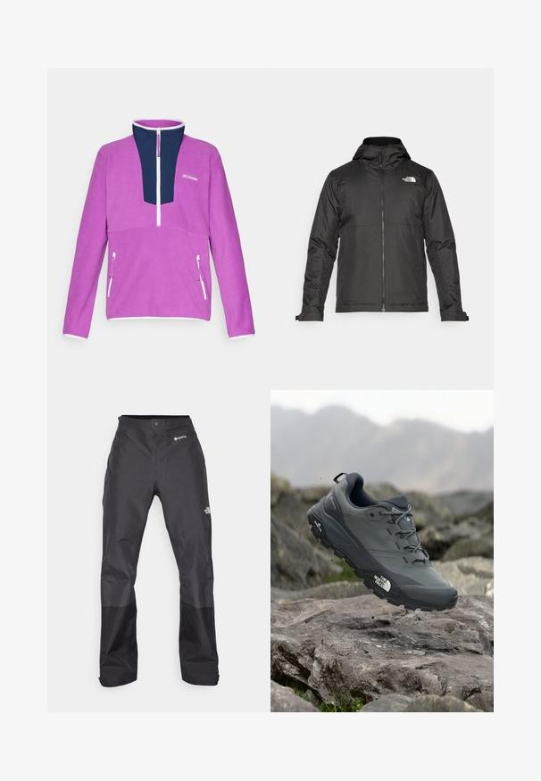 Musthave musta kapuutsiga fliisjakk, mis on valmistatud siledast kangast. Uhkeldab rindkere kohal oleva logoga ning reguleeritavate mansettidega, et tagada mugav ja tihe istuvus.; Lilla fliisi polover navy sinise neljandiku tõmblukuga krae, valge tõmbluku detail ja eesmine tasku tõmblukuga sulgemisega.; Mustad vettpidavad püksid, millel on sile tekstuur, ees GORE-TEX logo ja tugevdatud alumised jalad vastupidavuse tagamiseks.; Hallhalli jooksukingad halli värvi, tekstureeritud ülemise osaga, vastupidava kummist tallaga ja tugevdatud varvaste kattega. Omab paelu ja kaubamärgi logo küljel.