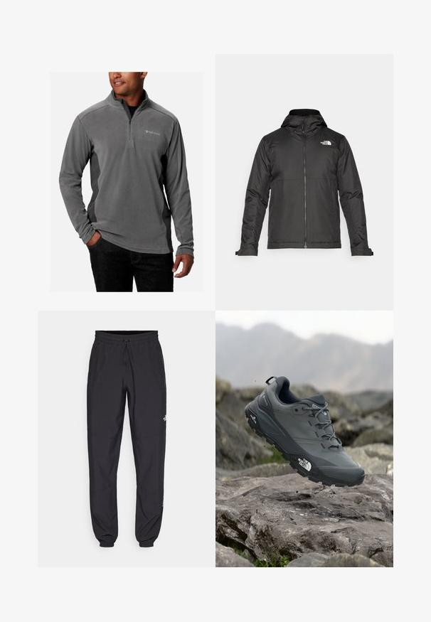 Zwarte zip-up jas met een capuchon, gemaakt van gladde stof. Heeft een logo op de borst en verstelbare manchetten voor een comfortabele pasvorm.; Grijze fleece pullover met een kwart-rits ontwerp, zachte textuur, lange mouwen en logo op de borst. Verfraaid met contrasterende zijpanelen.; Zwarte sportieve broek gemaakt van lichtgewicht stof, met een trekkoord in de taille, zijzakken en taps toelopende boorden bij de enkels.; Grijze trailrun-schoen met een gestructureerde bovenkant, duurzame rubbersole en versterkte neuskap. Voorzien van veters en een merkimprint aan de zijkant.