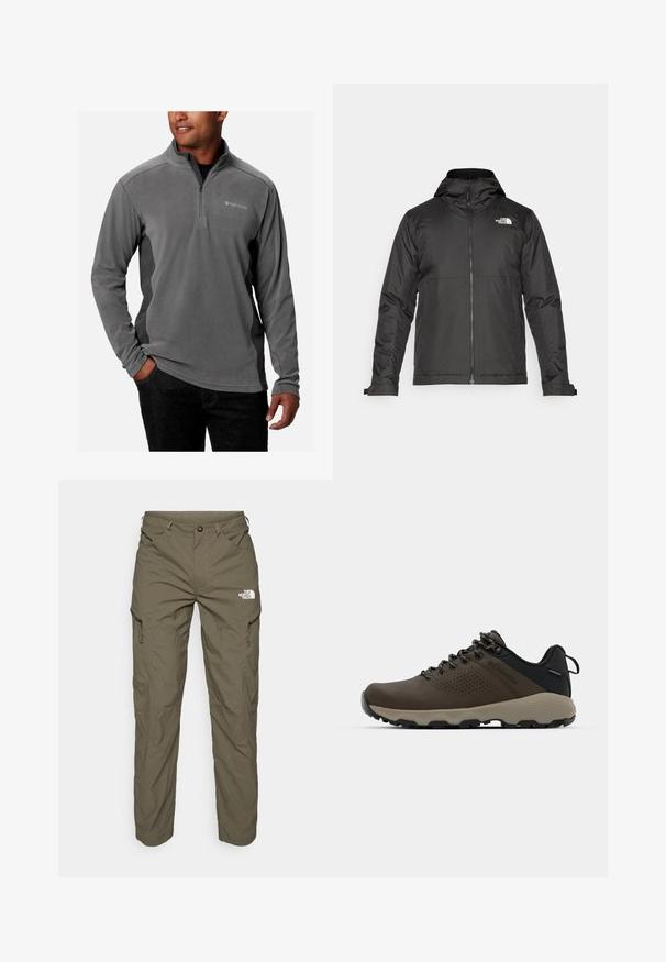 Svart zip-up jakke med hette, laget av glatt materiale. Har et logo på brystet og justerbare mansjetter for en tett passform.; Grå fleece-pullover med kvart-glidelås design, myk tekstur, lange ermer, og logo på brystet. Akzent med kontrasterende sidepaneler.; Oliven grønne utendørsbukser laget av lett materiale, med cargo-lommer, glidelåsdetaljer og en logo på overlåret.; Brune vanntette joggesko med teksturert overdel, perforerte detaljer, svart hæl støtte og en grå gummisåle. Snøring er stilisert med metalliske ender.