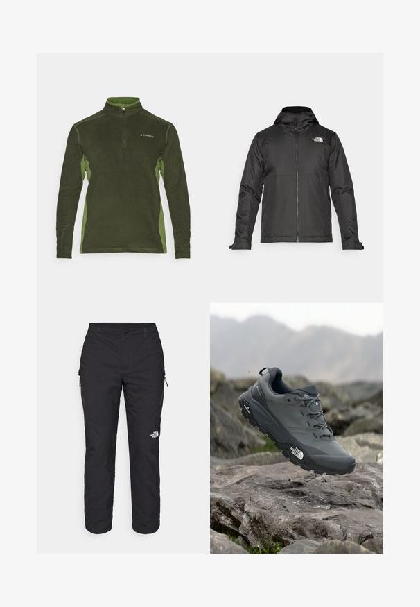 Musthave musta kapuutsiga fliisjakk, mis on valmistatud siledast kangast. Uhkeldab rindkere kohal oleva logoga ning reguleeritavate mansettidega, et tagada mugav ja tihe istuvus.; Roheline fliisist pullover, millel on tõmblukk kaeluses, tumedamatest rohelistest külgpanelidest ja rinnal logost. Pehme tekstuur ja pikad varrukad.; The North Face WINTER EXPLORATION TAPERED CARGO - Õuepüksid - black; Hallhalli jooksukingad halli värvi, tekstureeritud ülemise osaga, vastupidava kummist tallaga ja tugevdatud varvaste kattega. Omab paelu ja kaubamärgi logo küljel.