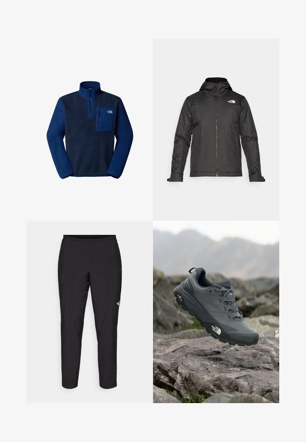 Μαύρο μπουφάν με φερμουάρ και κουκούλα, φτιαγμένο από λείο ύφασμα. Διαθέτει λογότυπο στο στήθος και ρυθμιζόμενους καρπούς για άνετη εφαρμογή.; Ναυτικό μπλε fleece pullover με φερμουάρ έως το ένα τέταρτο, τσέπη στο στήθος, υφασμάτινη υφή και λογότυπο στην τσέπη. Μαλακό, ζεστό και σχεδιασμένο για επικάλυψη.; Μαύρο αθλητικό παντελόνι με ελαστική μέση, κωνικό σχήμα, λεία υφή και ένα μικρό λευκό λογότυπο στη κάτω πλευρά του ποδιού.; Γκρι αθλητικό παπούτσι τρεξίματος με υφή στην επάνω πλευρά, ανθεκτική καουτσούκ σόλα και ενισχυμένη μύτη. Περιλαμβάνει κορδόνια και λογότυπο της μάρκας στο πλάι.