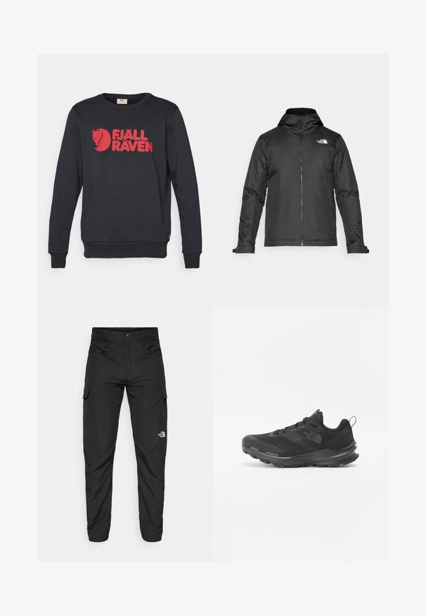 Giacca nera con zip e cappuccio, realizzata in tessuto liscio. Presenta un logo sul petto e polsini regolabili per una vestibilità aderente.; Felpa nera in cotone, con un logo rosso e una grafica prominente. Il design include maniche lunghe e un collo rotondo.; The North Face HORIZON PANT - Pantaloni outdoor - black; Scarpa sportiva nera con tomaia in rete, suola in gomma e collarino imbottito. Presenta lacci, un logo sul lato e un design testurizzato.