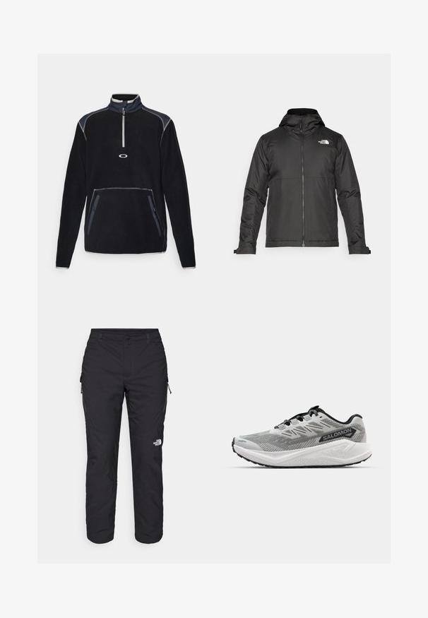 Svart zip-up jakke med hette, laget av glatt materiale. Har et logo på brystet og justerbare mansjetter for en tett passform.; Fleece genser i svart med høy krage, halvlyslukking foran, to sidelommer og kontrastsøm i grått og marineblått.; The North Face WINTER EXPLORATION TAPERED CARGO - Friluftsbukser - black; Grå løpesko med mesh-overdel, svarte detaljer og hvit mellomsåle. Har forsterket tå og flate snørebånd for sikker passform.