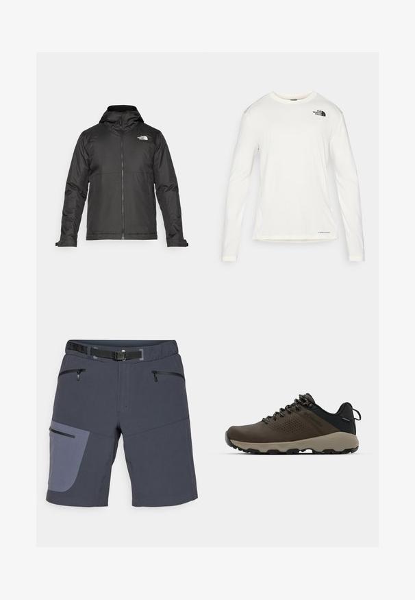 Sort lynlåsjakke med hætte, lavet af glat stof. Har et logo på brystet og justerbare manchetter for en tætsiddende pasform.; Hvid langærmet skjorte med rund hals, struktureret stof, sort logo på venstre skulder og undermærkning nederst.; Shorts lavet af mørkegrå stof med en kontrasterende lysegrå sidepanel. Har to lynlåslommer foran og en bælte.; Brune vandtætte sneakers med en tekstureret overflade, perforerede akcenter, sort hælunderstøttelse og en grå gummisål. Snørebåndene er udsmykket med metalender.