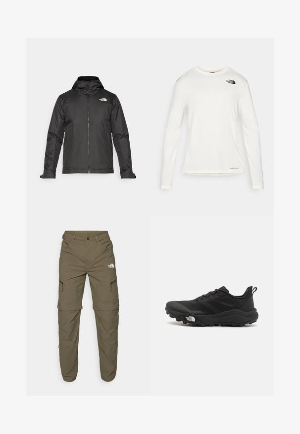 Fekete zipzáras dzseki, kapucnival, sima anyagból készült. A mellkasán logóval és állítható mandzsettákkal rendelkezik a kényelmes illeszkedés érdekében.; Fehér, hosszú ujjú póló kerek nyakkal, textúrált anyagból, fekete logóval a bal vállon, és diszkrét márkajelzéssel az alján.; The North Face EXPLORATION TAPERED CONVERTIBLE - Szabadtéri nadrágok - new taupe green; Fekete terepfutó cipő, textúrált felső résszel, gumitalppal és megerősített lábujjrészével. Párnázott bokarésszel és húzófüllel rendelkezik a könnyű felhúzáshoz.