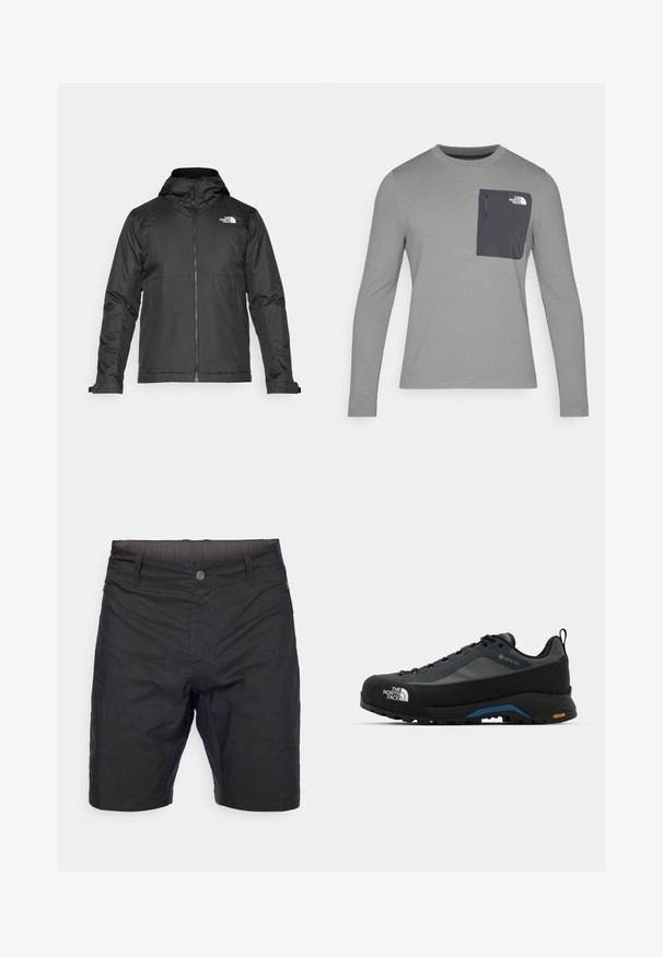 Melna zip-up jakas ar kapuci, izgatavota no gludas auduma. Tajā ir logo uz krūtīm un regulējami aproces, lai nodrošinātu ciešu piegulšanu.; Garais krekls ar garām piedurknēm un teksturētu audumu, ar tumši pelēku krūšu kabatu un rāvējslēdzēju. Uz kabatas ir balts logo.; Melnas šortus, kas izgatavoti no viegla auduma ar vienkāršu dizainu, ar pogu priekšpusi, standarta jostasvietu un nostiprinātu šuvju.; The North Face VERTO ALPINE GORE TEX - Pārgājienu apavi - asphalt grey/tnf black