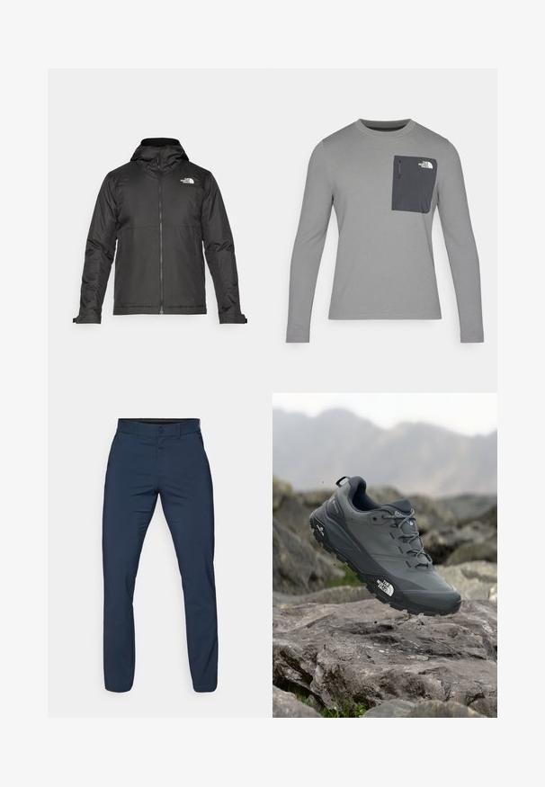 Zwarte zip-up jas met een capuchon, gemaakt van gladde stof. Heeft een logo op de borst en verstelbare manchetten voor een comfortabele pasvorm.; Grijze lange mouw shirt van textuurstof, met een donkergrijze borstzak en een ritsluiting. Logo op de zak in het wit.; Marineblauwe chino's van gladde stof, met een flat front, riemlussen en zijzakken, in een getailleerde pasvorm en taps toelopende broekspijpen.; Grijze trailrun-schoen met een gestructureerde bovenkant, duurzame rubbersole en versterkte neuskap. Voorzien van veters en een merkimprint aan de zijkant.