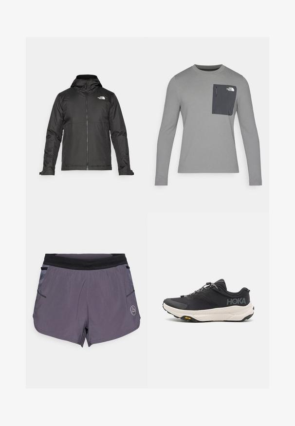 Černá zipová bunda s kapucí, vyrobená z hladké tkaniny. Obsahuje logo na hrudi a nastavitelné manžety pro pohodlné nošení.; Šedá košile s dlouhým rukávem z texturované tkaniny, s tmavě šedou náprsní kapsou a zipovým uzávěrem. Logo na kapse v bílé barvě.; Fialové sportovní šortky vyrobené z lehkého materiálu. Mají černý elastický pas, boční kapsy a logo na levé přední straně.; Černá atletická bota s texturovaným svrškem, šedými akcenty, reflexními detaily a silnou bílou podrážkou s logem Vibram.