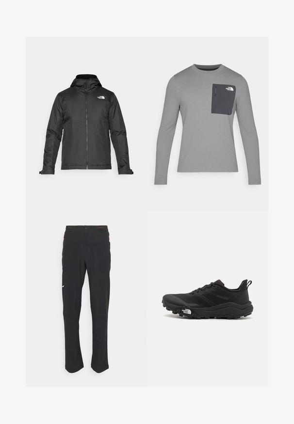 Svart zip-up jacka med huva, tillverkad av mjukt tyg. Funktionen inkluderar en logotyp på bröstet och justerbara ärmslut för en tät passform.; Långärmad grå skjorta i texturerad tyg, med en mörkgrå bröstficka och dragkedjestängning. Logotyp på fickan i vitt.; Svarta träningsbyxor i lätt tyg, med en åtsittande midja, raka ben och en liten vit logotyp på vänstra låret.; Svart terränglöparsko med en strukturerad ovandel, gummisula och förstärkt tåhätta. Har en vadderad krage och en dragflik för enkel påtagning.