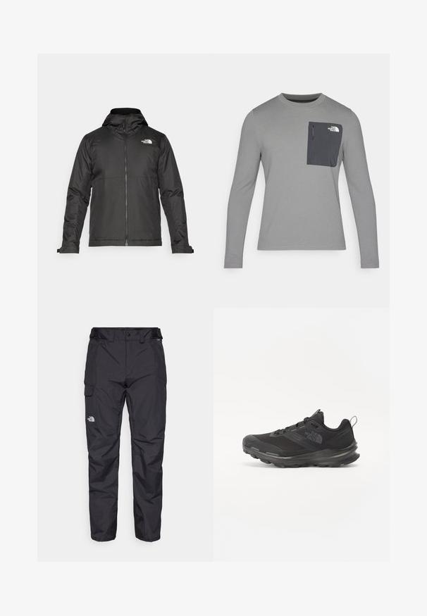 Svart zip-up jakke med hette, laget av glatt materiale. Har et logo på brystet og justerbare mansjetter for en tett passform.; Langermet grå skjorte med strukturert stoff, med en mørk grå brystlomme og glidelås. Logo på lommen i hvitt.; Svarte vanntette cargo-bukser laget av lett stoff, med en sidelomme og logo på venstre lår. Justerbar midje med metall-detaljer.; Svart treningssko med mesh-overdel, gummiyttersåle og polstret krage. Har snører, logo på siden og et teksturert design.