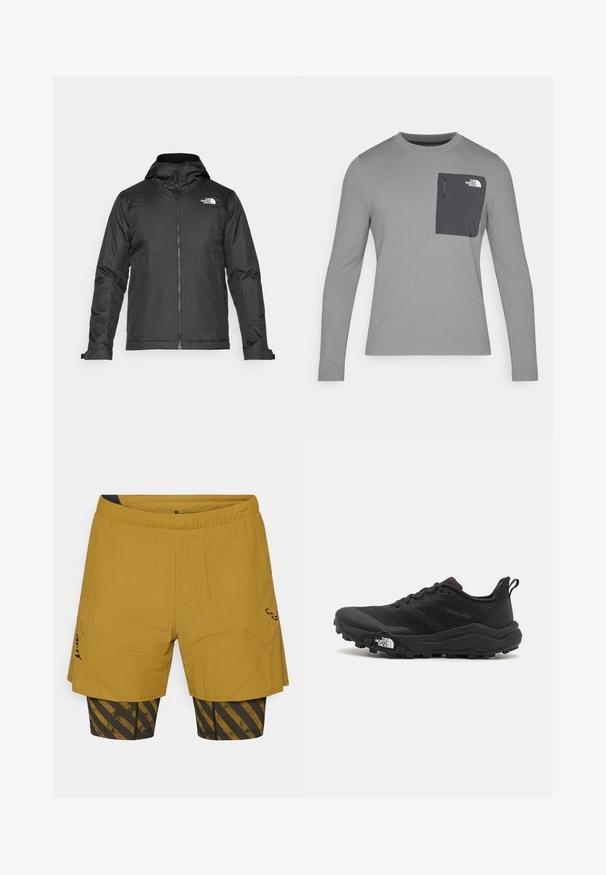 Black zip-up jacket with a hood, made of smooth fabric. Features a logo on the chest and adjustable cuffs for a snug fit.; Long-sleeve gray shirt with textured fabric, featuring a dark gray chest pocket and a zip closure. Logo on pocket in white.; Men's running shorts featuring a textured mustard outer layer, black interior with diagonal gold stripes, and an elastic waistband.; Black trail running shoe with a textured upper, rubber sole, and reinforced toe cap. Features a padded collar and pull tab for easy wear.
